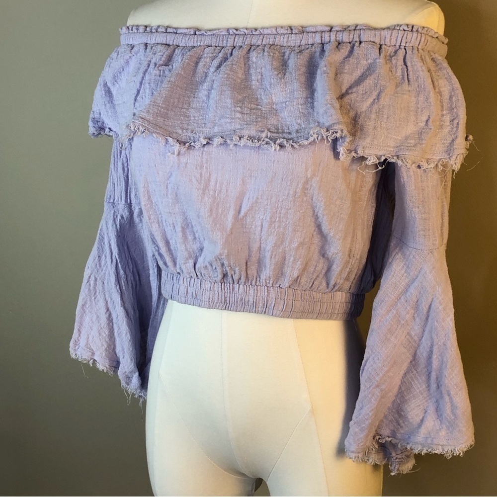FAVLUX pastel lavender gauzy cotton off shoulder flare sleeves cropped sexy top - Picture 4 of 9